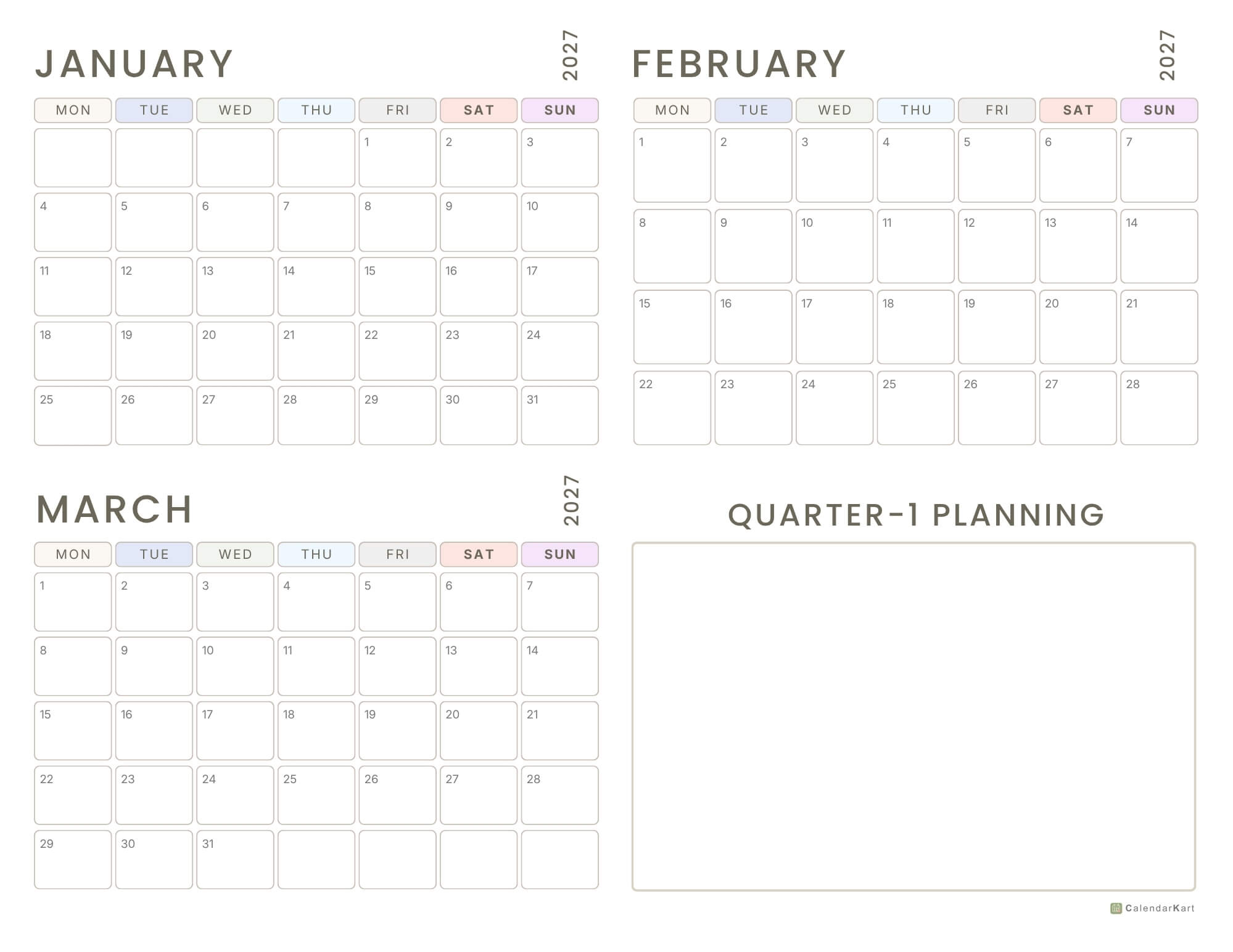 Monday Start 2027 Quarter Calendars 8
