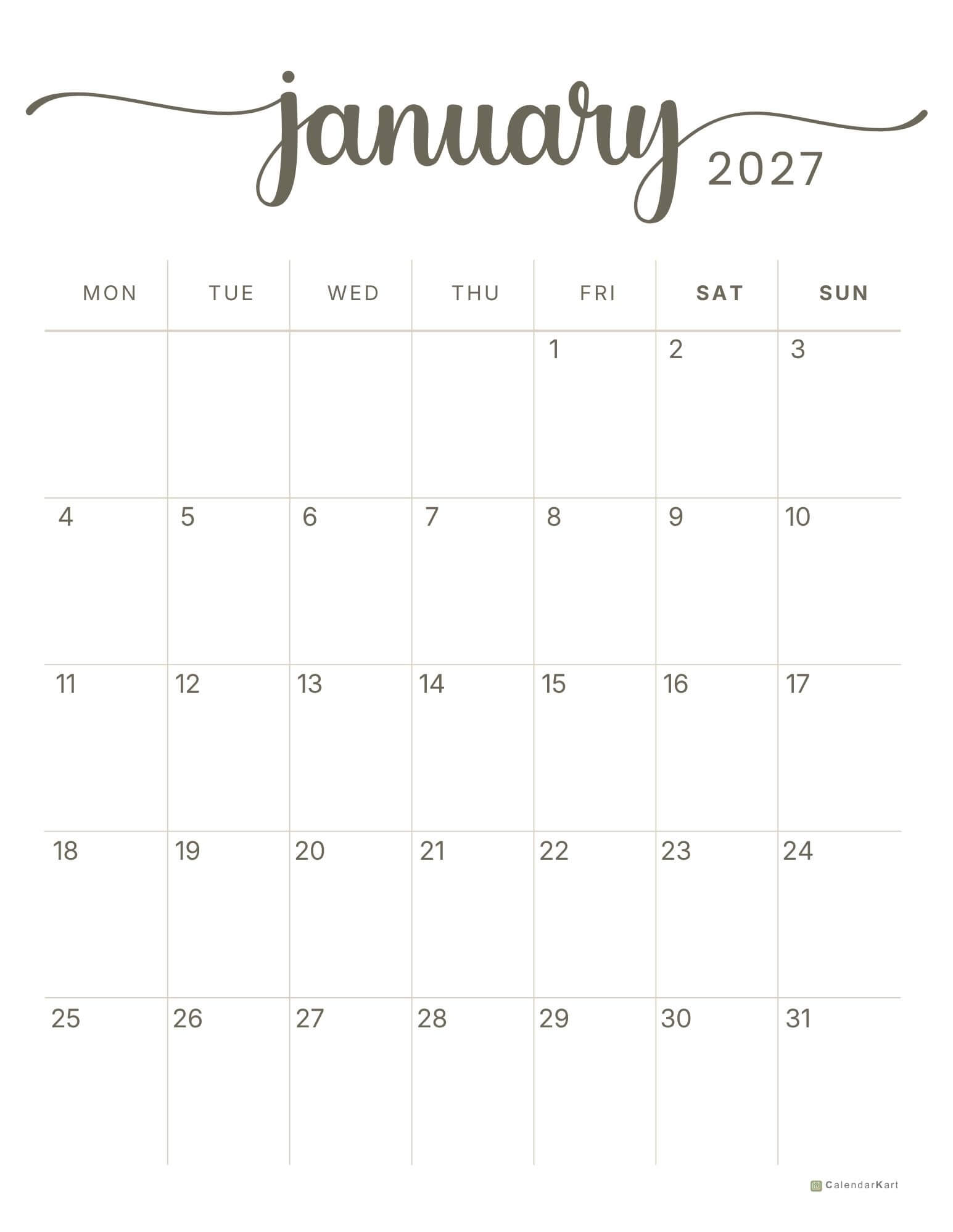Monday start 2027 Monthly Calendars 1
