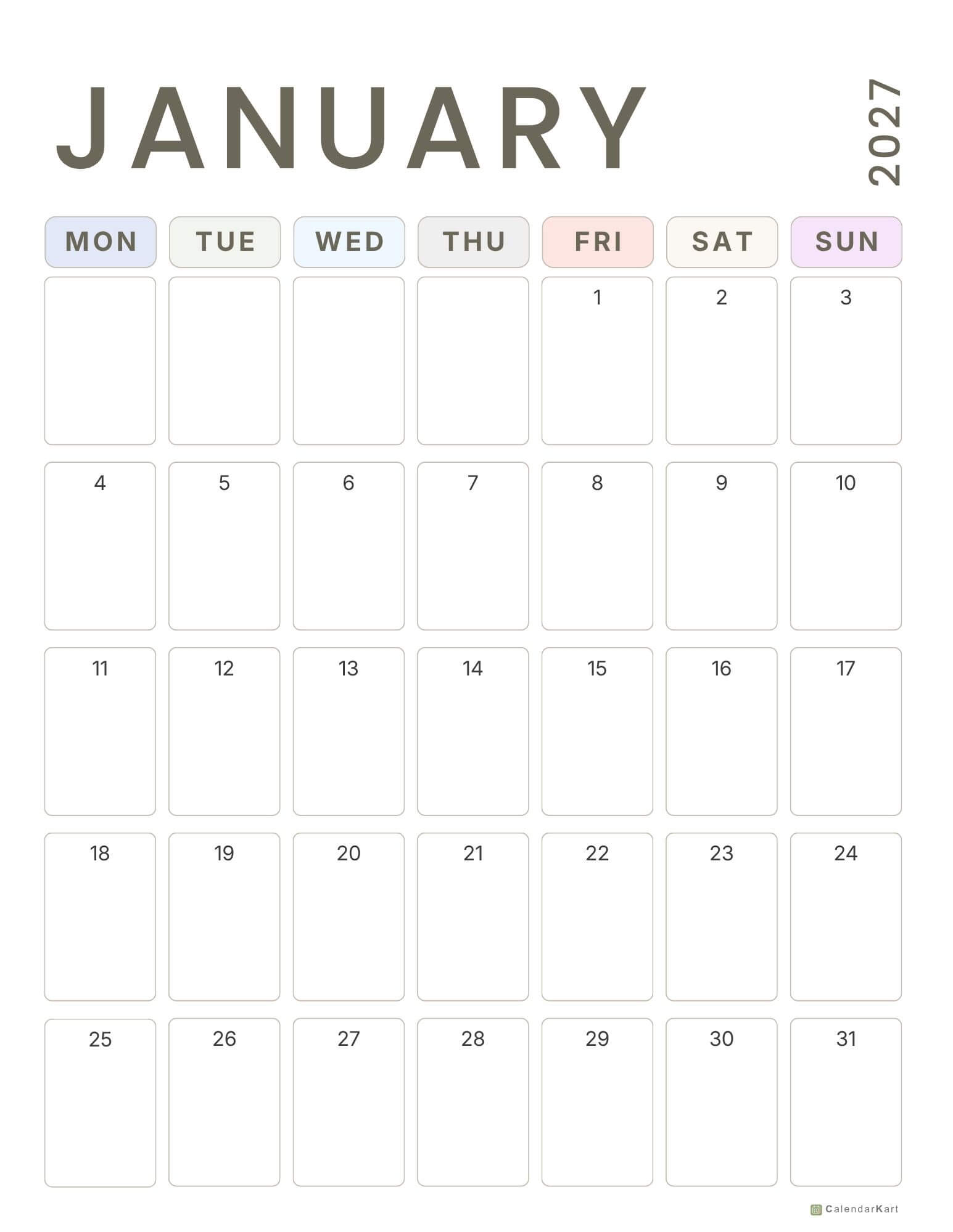 Monday start 2027 Monthly Calendars 2