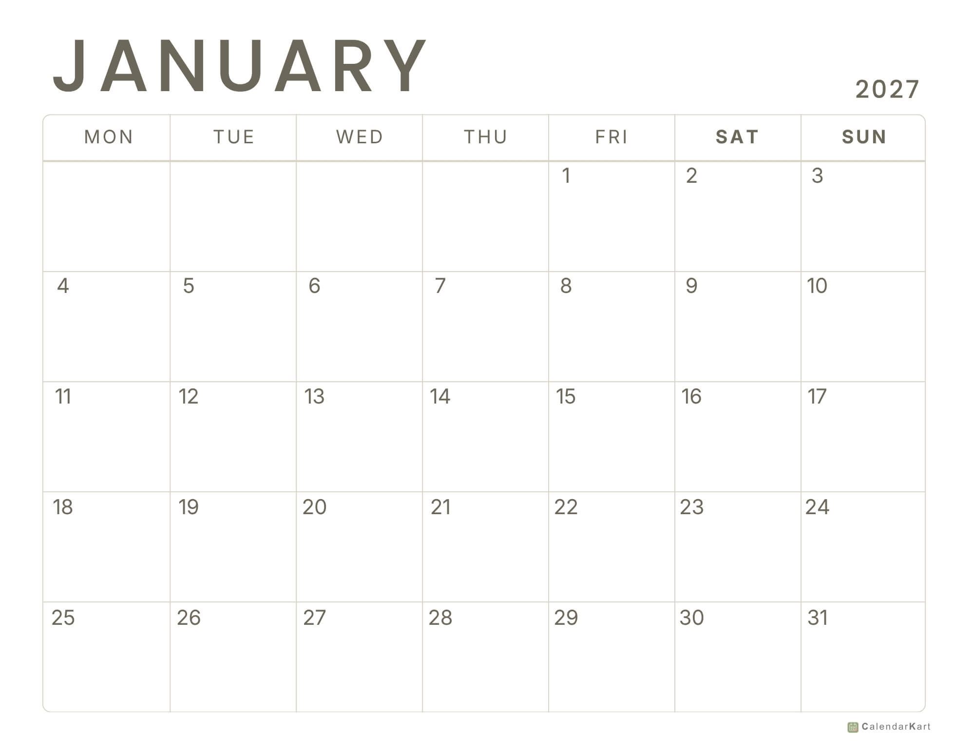 Monday start 2027 Monthly Calendars 3