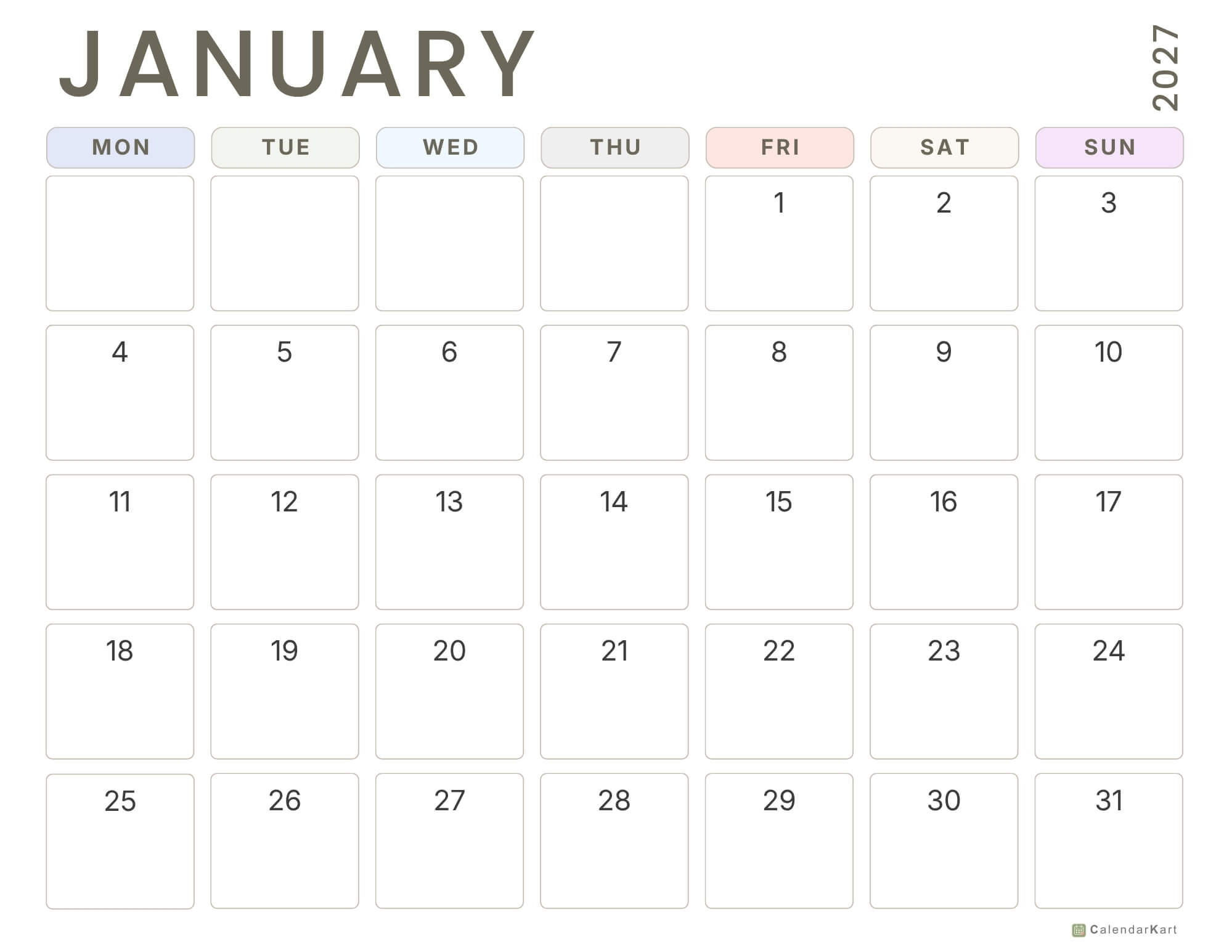 Monday start 2027 Monthly Calendars 4