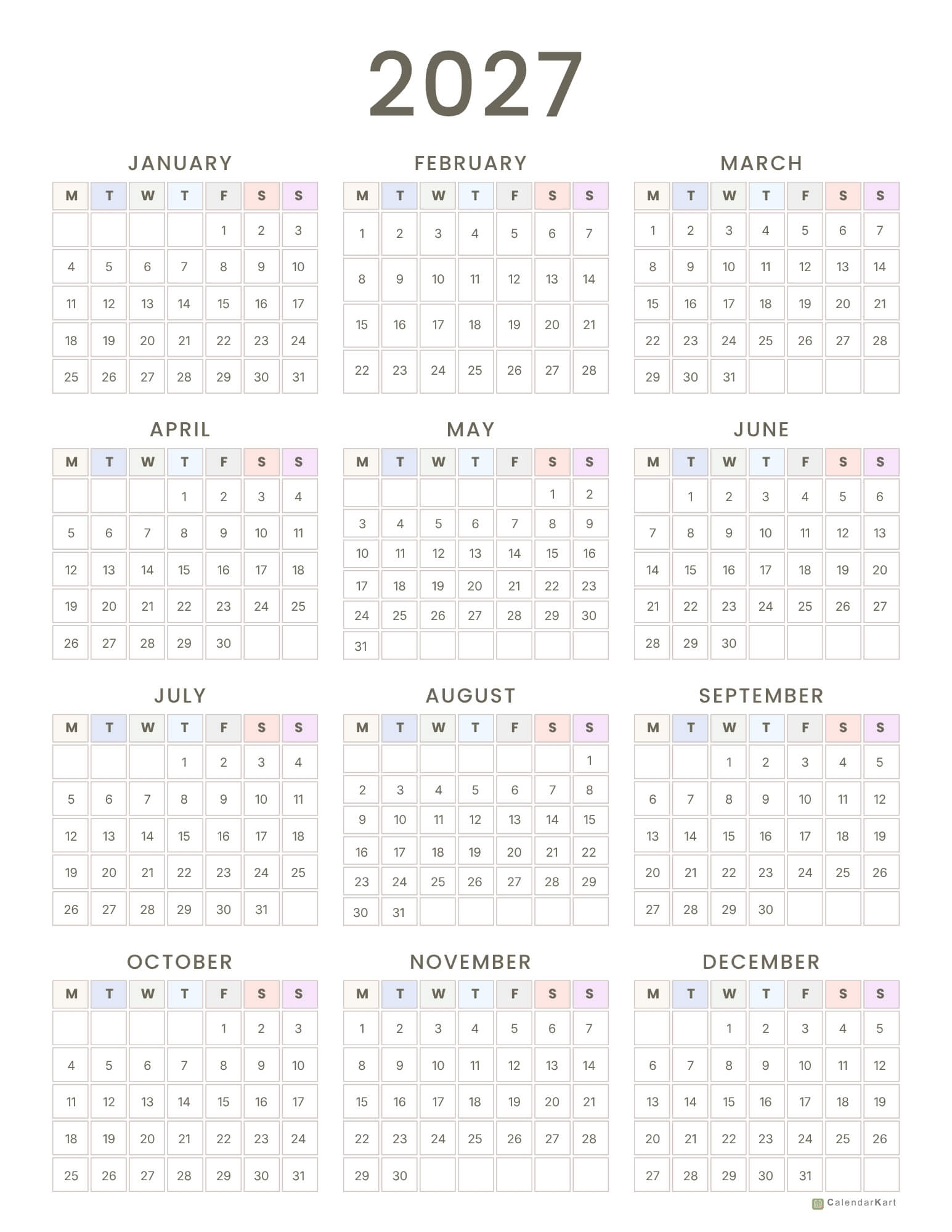 Monday start yearly calendar 2027 10