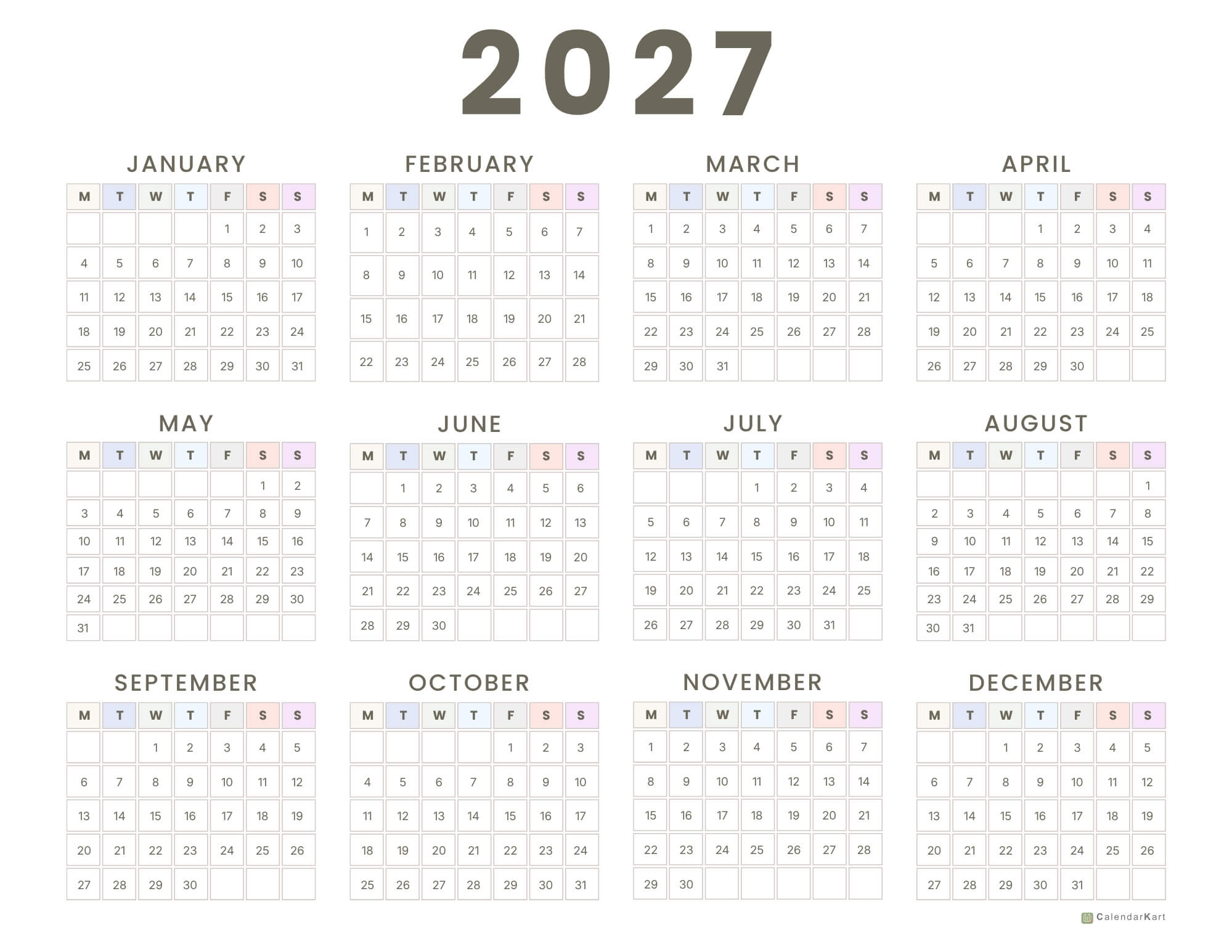 Monday start yearly calendar 2027 11