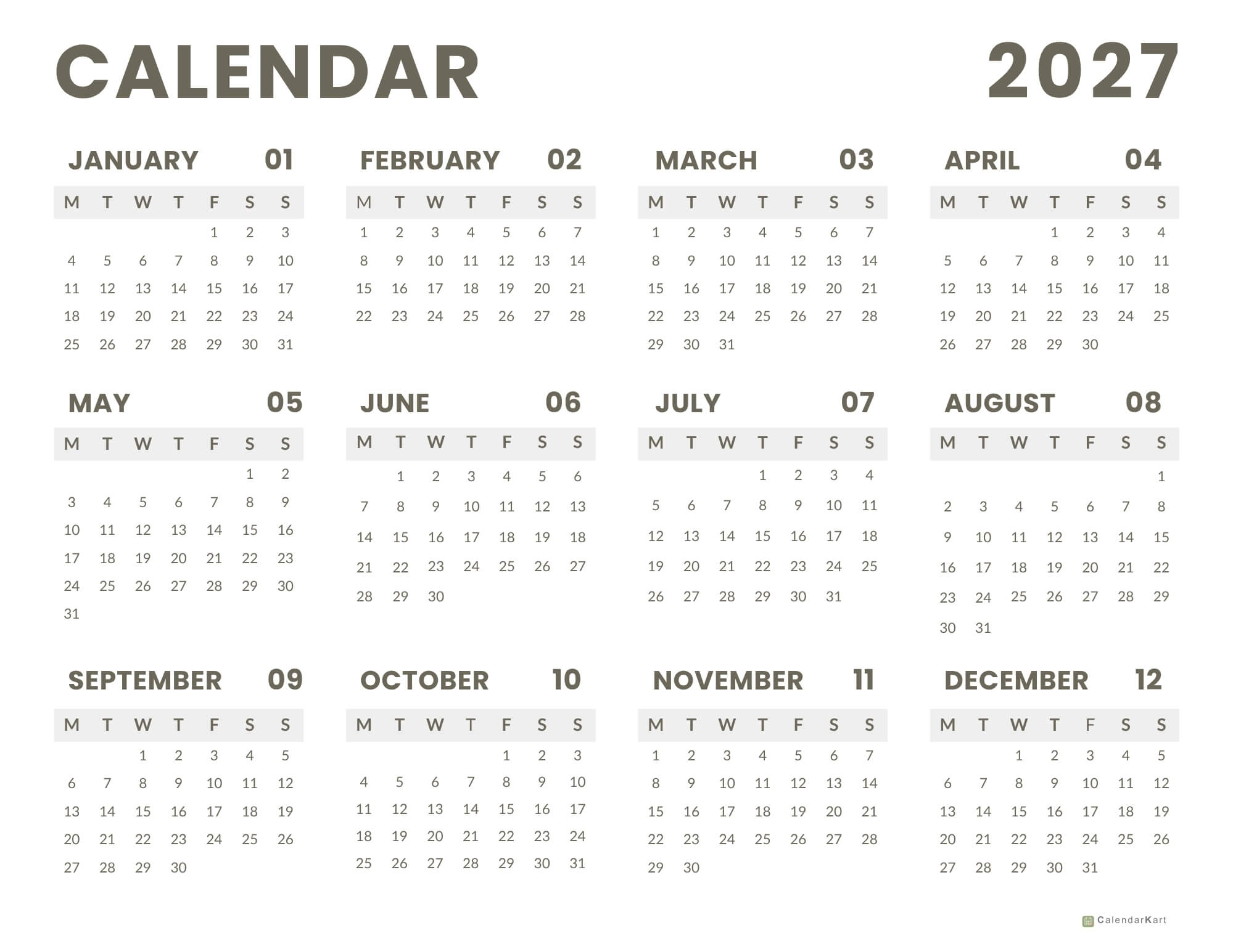 Monday start yearly calendar 2027 12
