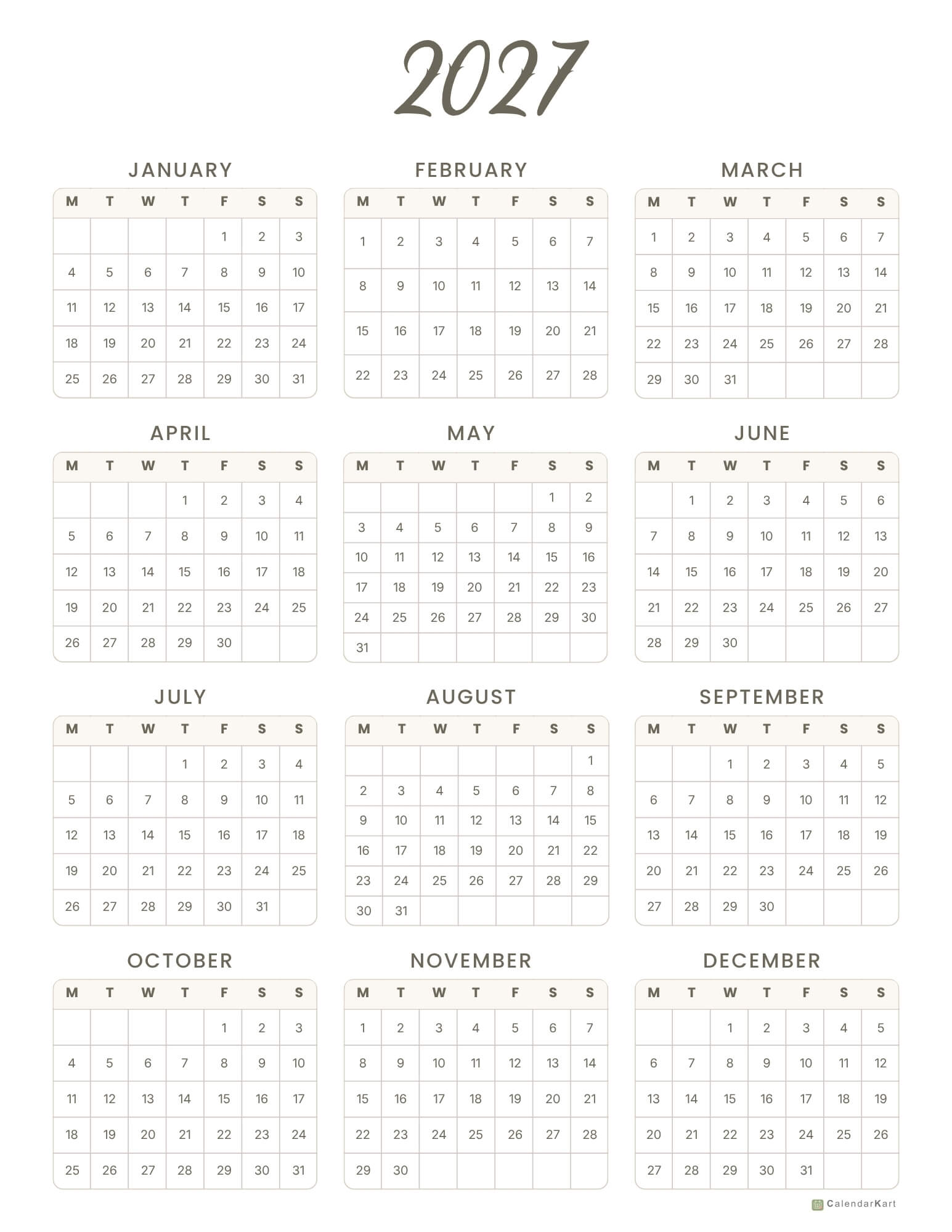 Monday start yearly calendar 2027 9
