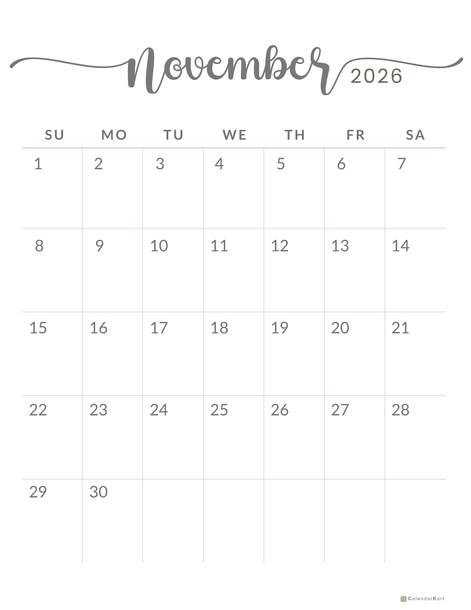 November 2026 Monthly Calendars 1