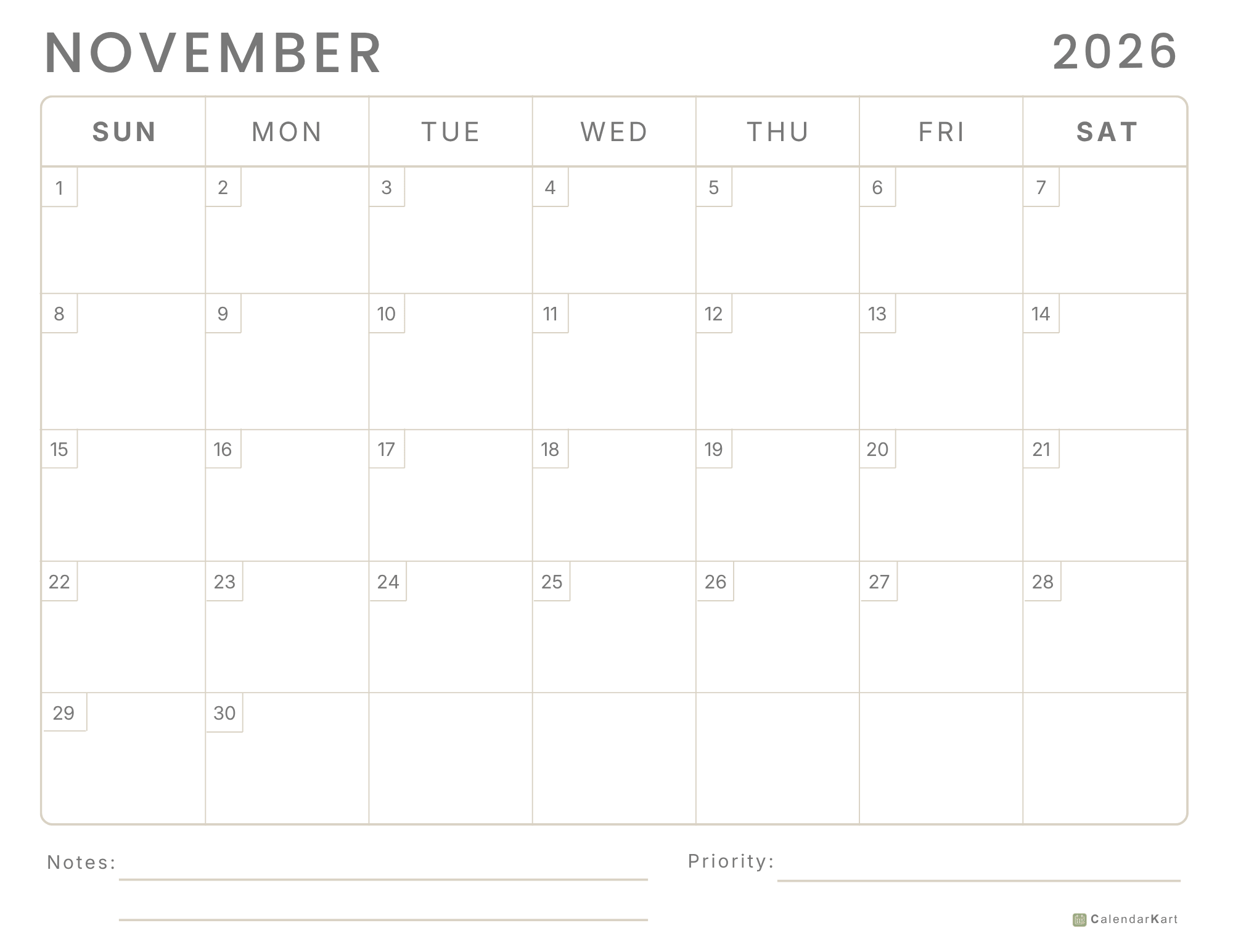 November 2026 Monthly Calendars 12