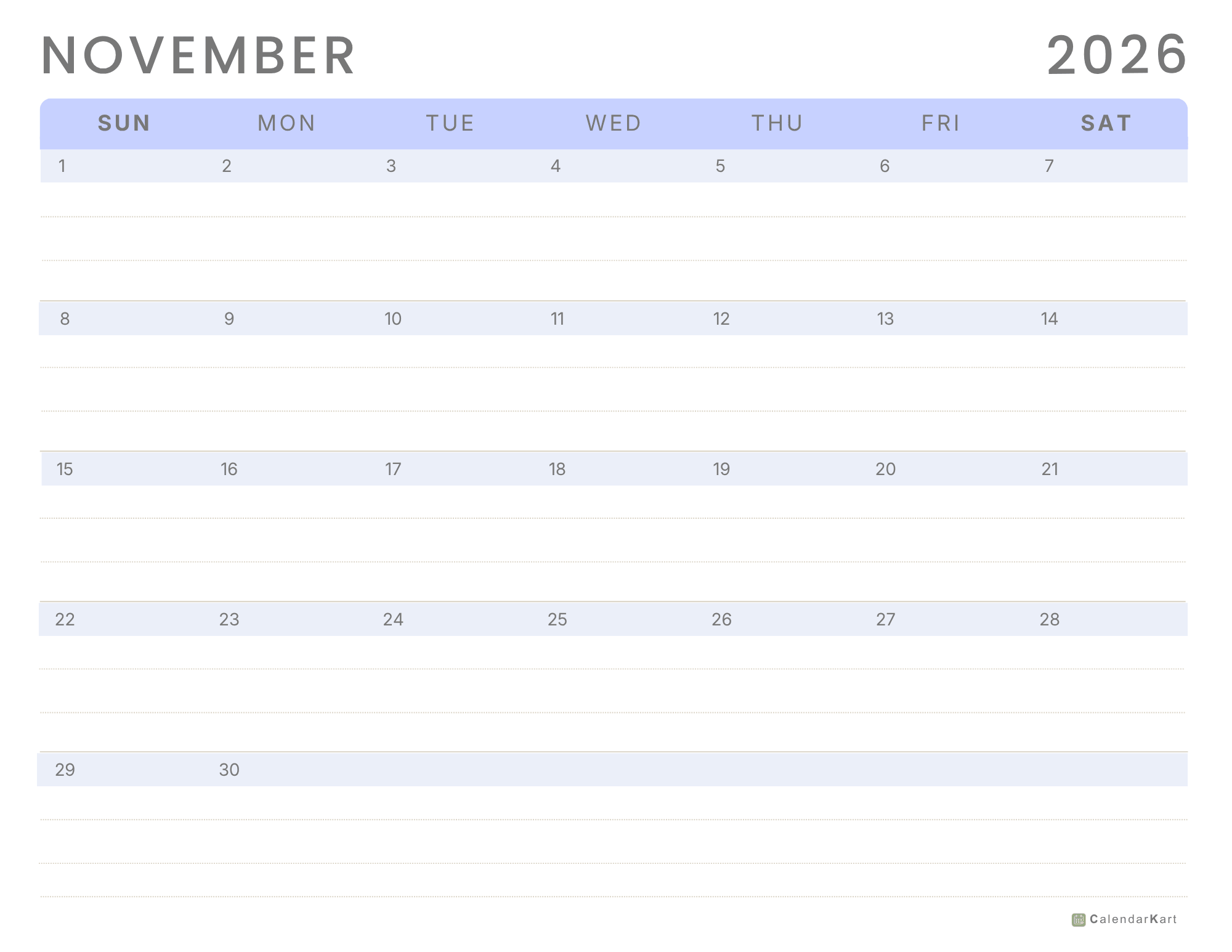 November 2026 Monthly Calendars 13