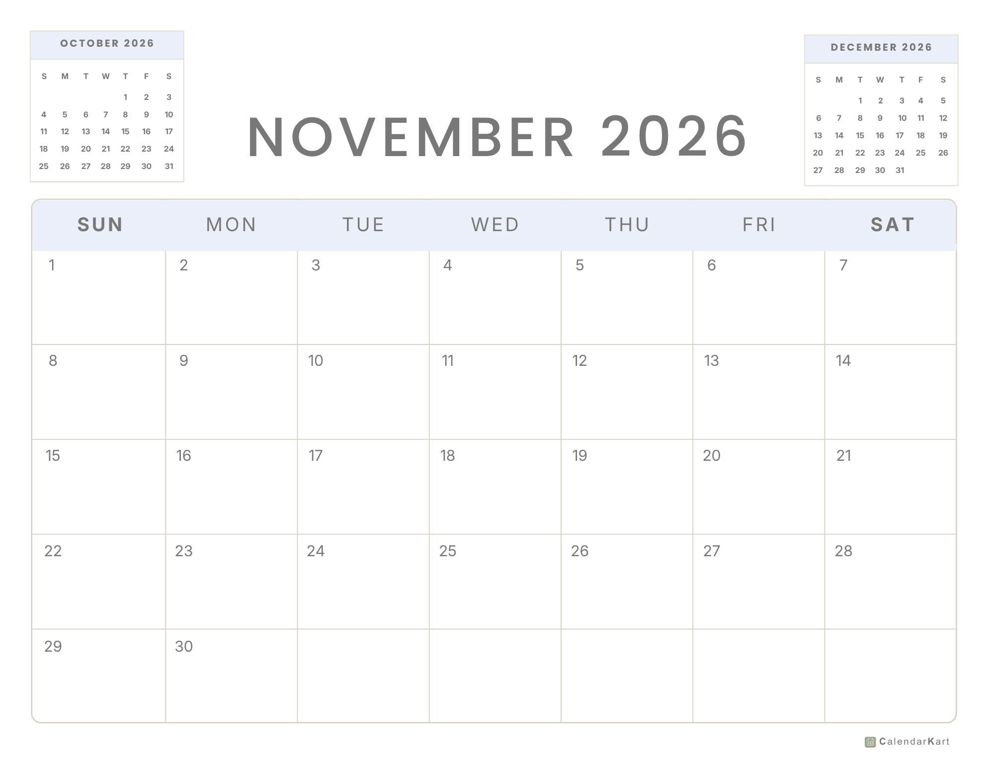 November 2026 Monthly Calendars 14