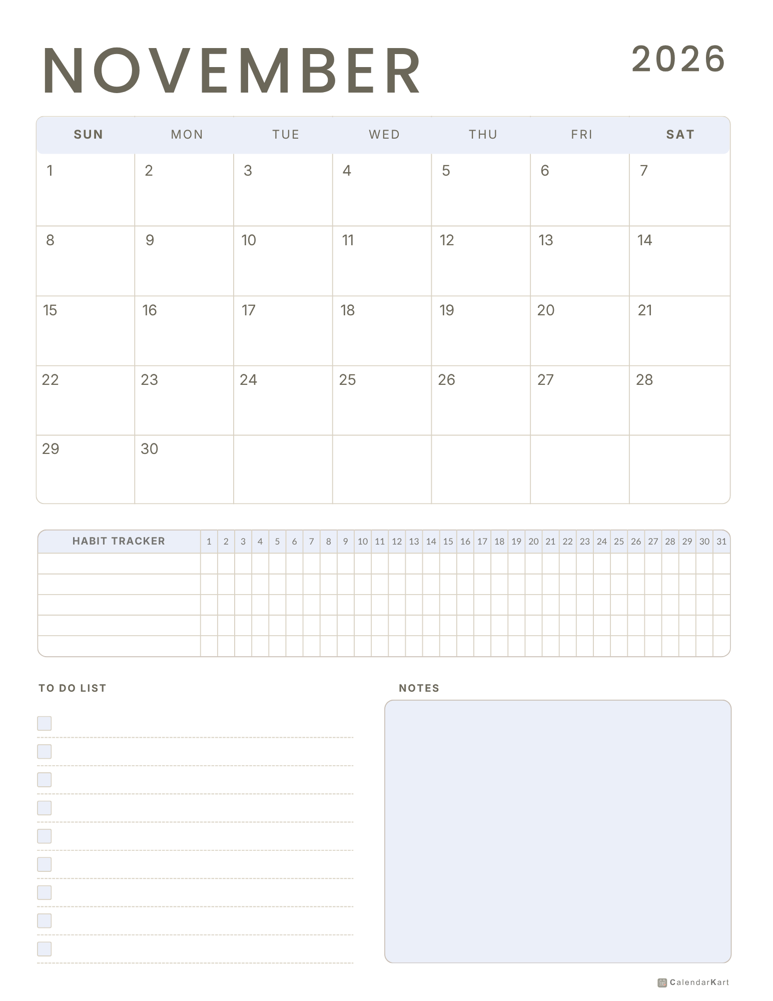 November 2026 Monthly Calendars 6