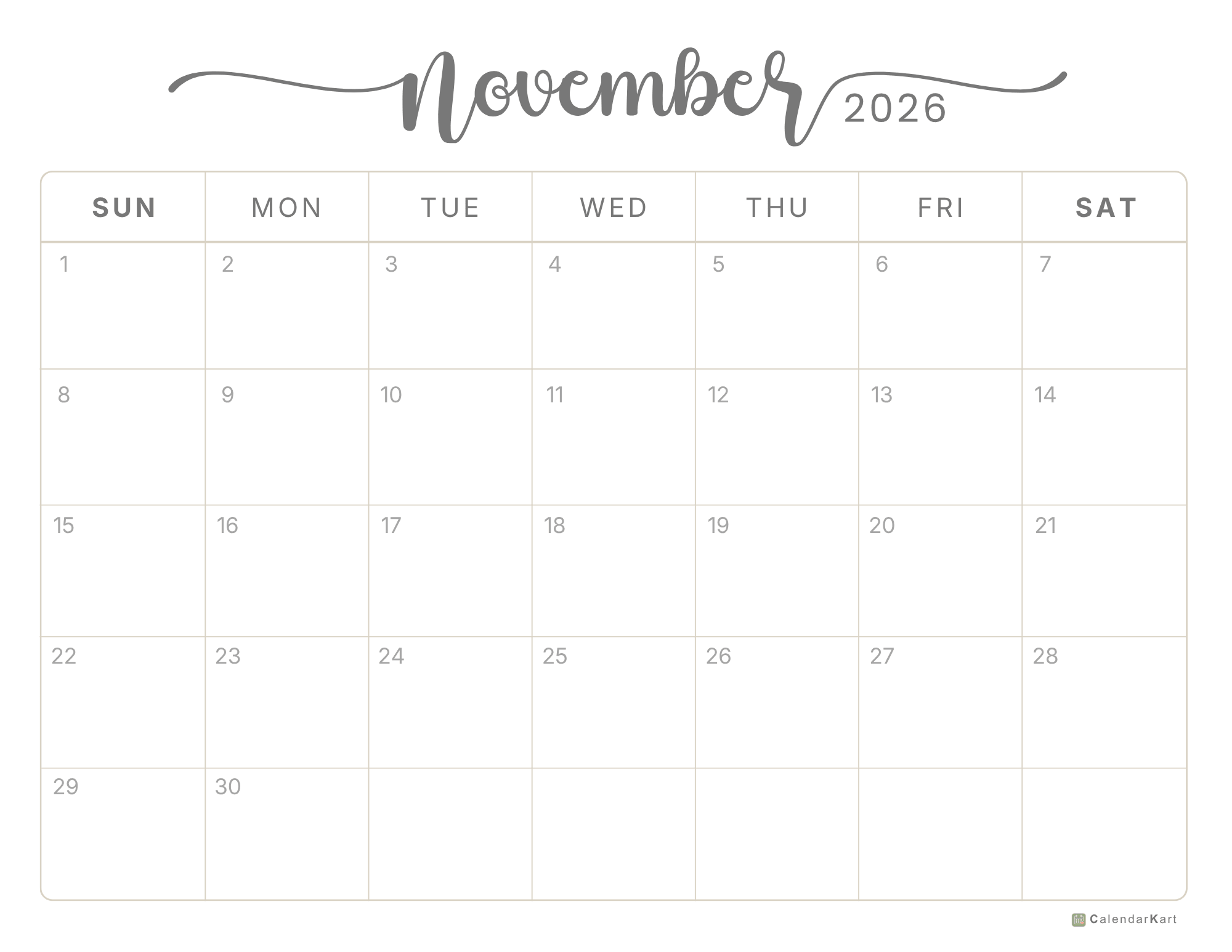November 2026 Monthly Calendars 9